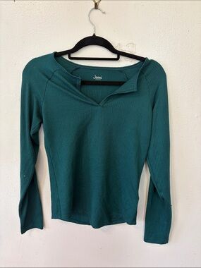 Jenni Teal Ribbed Long Sleeve Top with Notch Neck